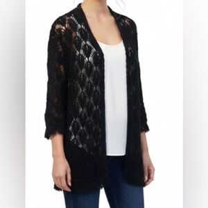 Sfera Black Open-Knit Crochet Boho Edgy  Short Sleeve Peasant Cardigan Size L/XL